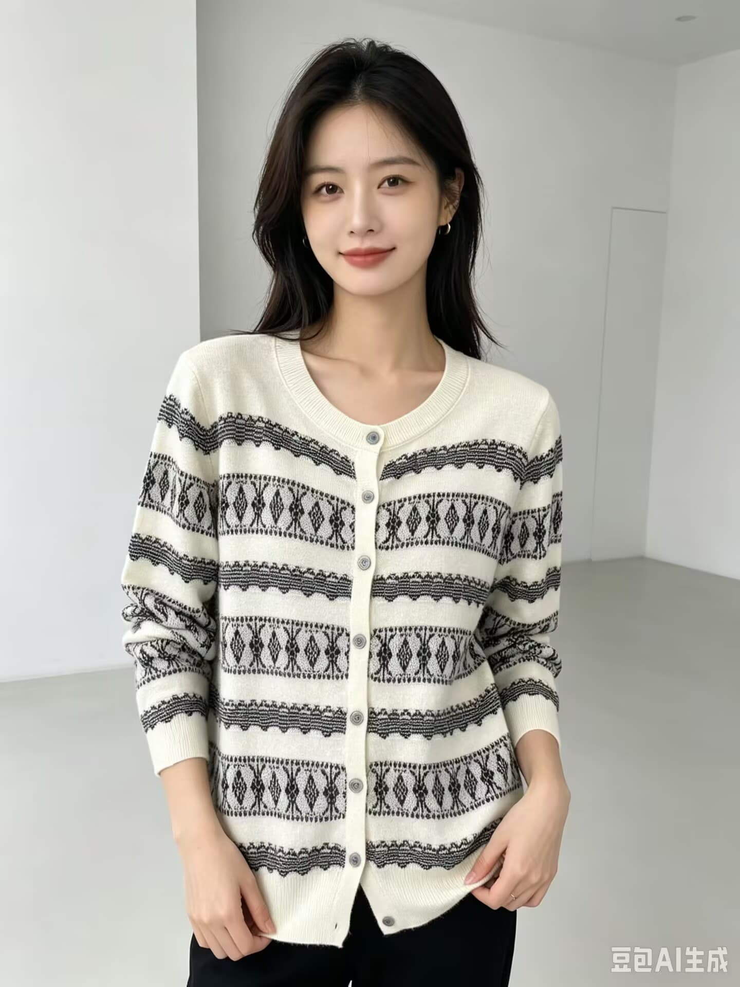 유럽 역 이른 가을 새로운 패션 품격 자카드 라운드 넥 긴팔 싱글 줄 버튼 양모 니트 스웨터 다용도 맨위 여성 상세 이미지 2