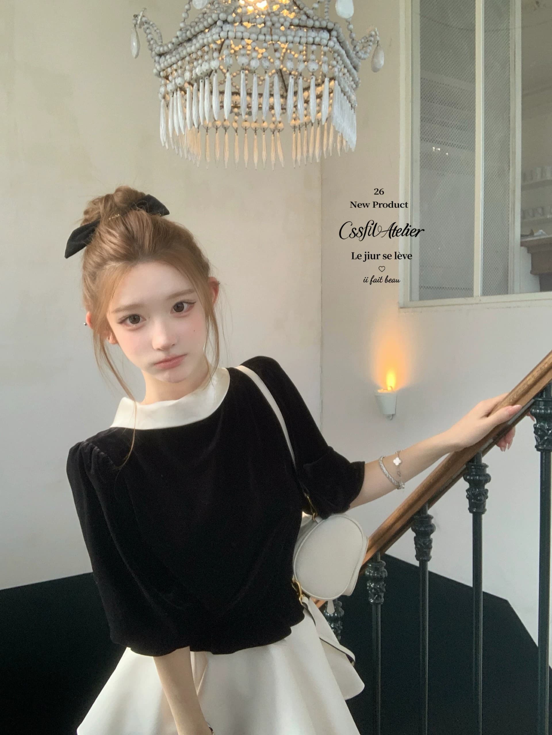 늦게 우산 우산 26 fw 동백 나무 수집 벨벳 패치워크 새틴 피터 팬 칼라 양성 및 음성 둘 착용 맨위 반 스커트 이미지 4