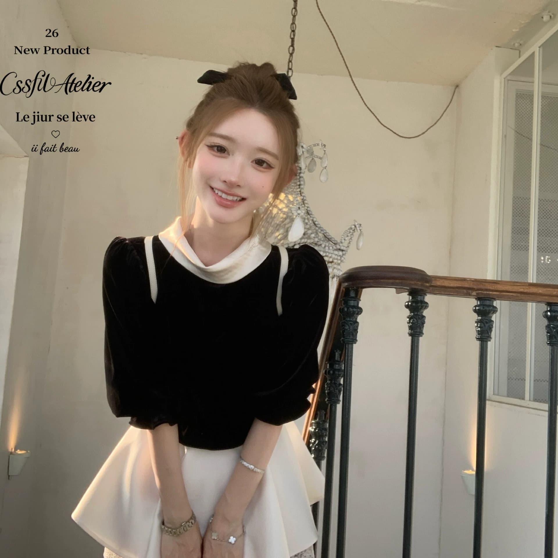 늦게 우산 우산 26 fw 동백 나무 수집 벨벳 패치워크 새틴 피터 팬 칼라 양성 및 음성 둘 착용 맨위 반 스커트 이미지 5