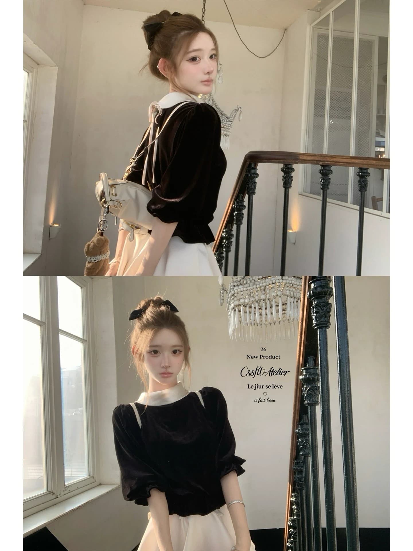 늦게 우산 우산 26 fw 동백 나무 수집 벨벳 패치워크 새틴 피터 팬 칼라 양성 및 음성 둘 착용 맨위 반 스커트 상세 이미지 1