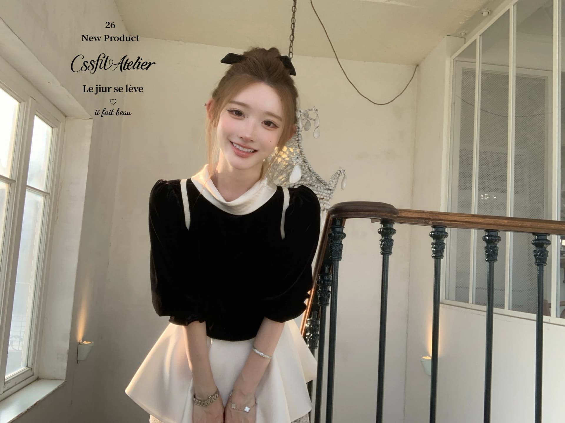 늦게 우산 우산 26 fw 동백 나무 수집 벨벳 패치워크 새틴 피터 팬 칼라 양성 및 음성 둘 착용 맨위 반 스커트 상세 이미지 2