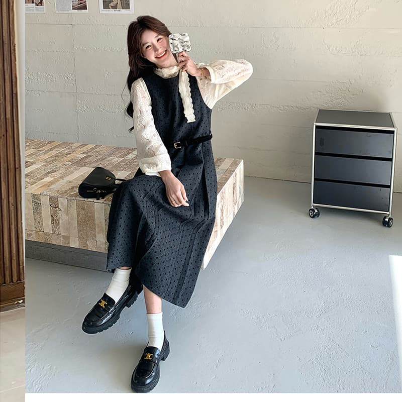 프랑스식 고급 센스 회색 도트 무늬 점프 슈트 치마 세트 여성 2026 봄 새로운 레이스 셔츠 조끼 스커트 투피스 세트 상세 이미지 1