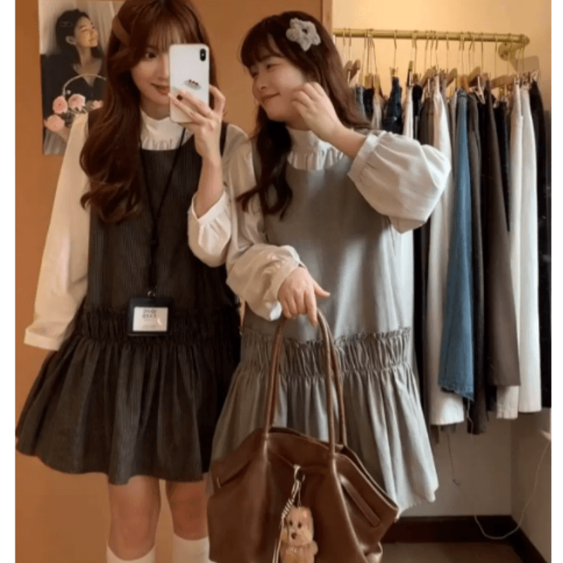 한 부서 조끼 원피스 스택 착용 긴팔 셔츠 두 조각 여성 세트 이른 가을 자이언트 잘 생긴 세트 캐주얼 데이트 착용 가져 가라. 상세 이미지 2