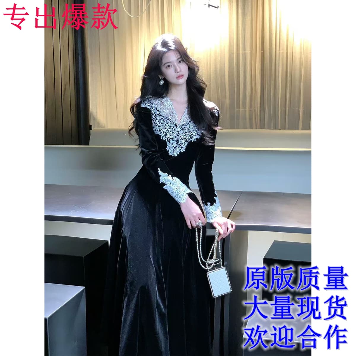 하나부터 순간 사탄 그것 꽃 봉오리 실크 레이스 V넥 긴팔 벨벳 드레스 허리 수축 a 스윙 길이 미니 스커트