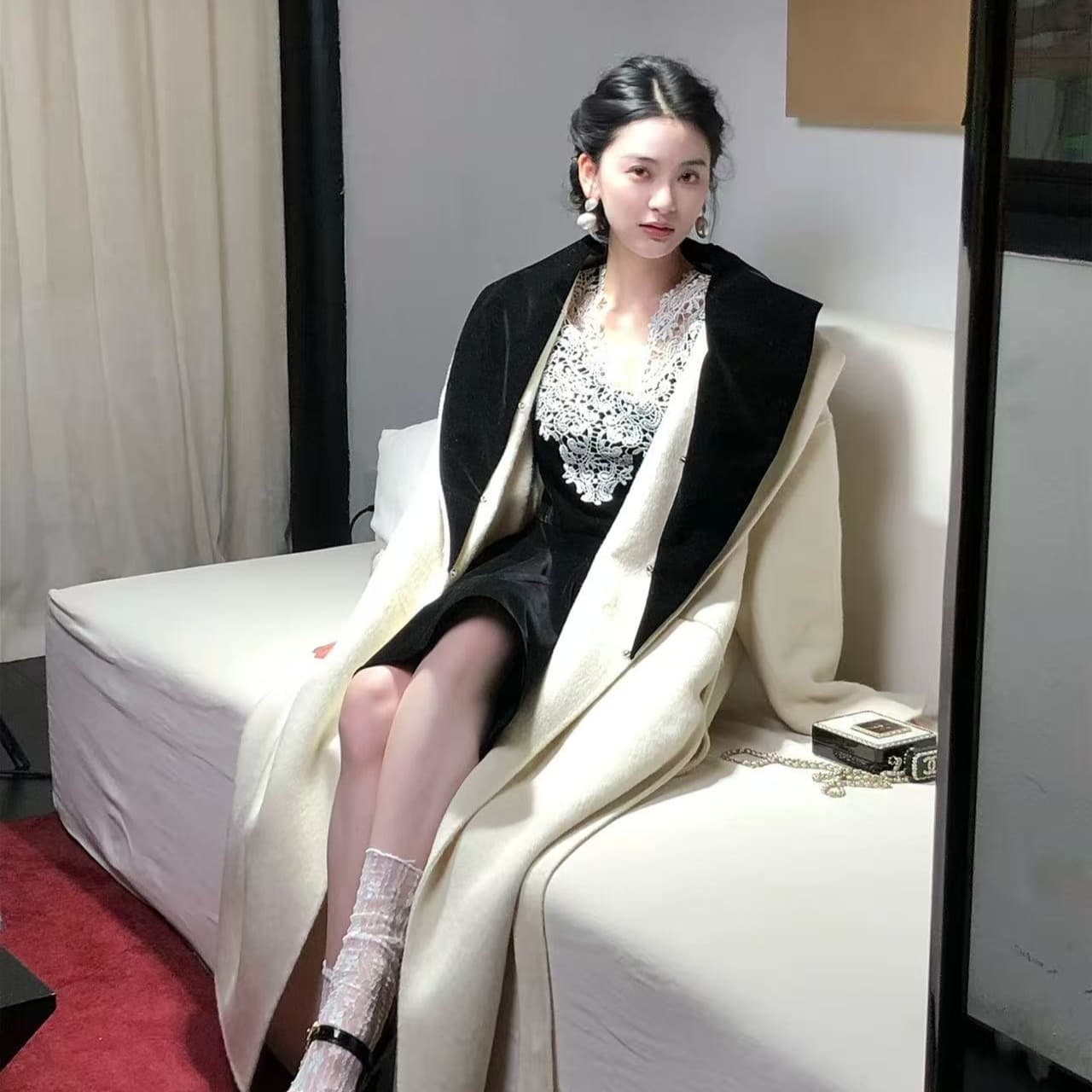 하나부터 순간 사탄 그것 꽃 봉오리 실크 레이스 V넥 긴팔 벨벳 드레스 허리 수축 a 스윙 길이 미니 스커트 이미지 5