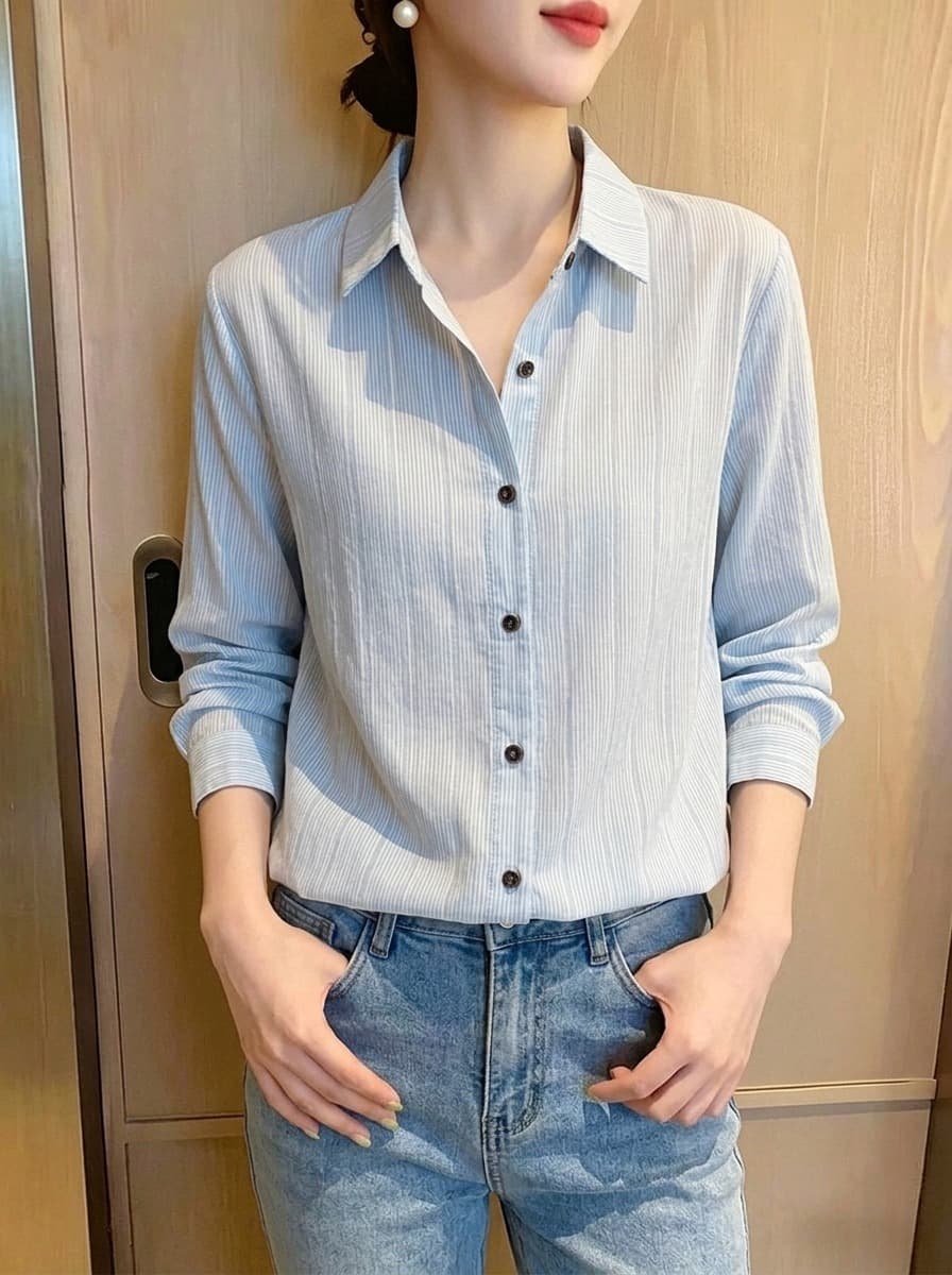 POLO 칼라 고유 한 아름다운 작은 셔츠 스트라이프 하늘색 여성 셔츠 2026 이른 가을 새로운 셔츠 맨위 자이언트 잘 생긴 상세 이미지 3