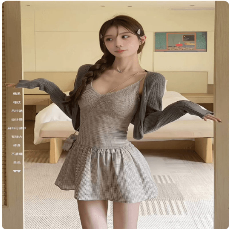 프랑스식 순수한 욕망 바람 체크무늬 슬립 여성 드레스 여름 새로운 섹시함 핫걸 V넥 허리 수축 민소매 한 마디 미니 스커트 이미지 2