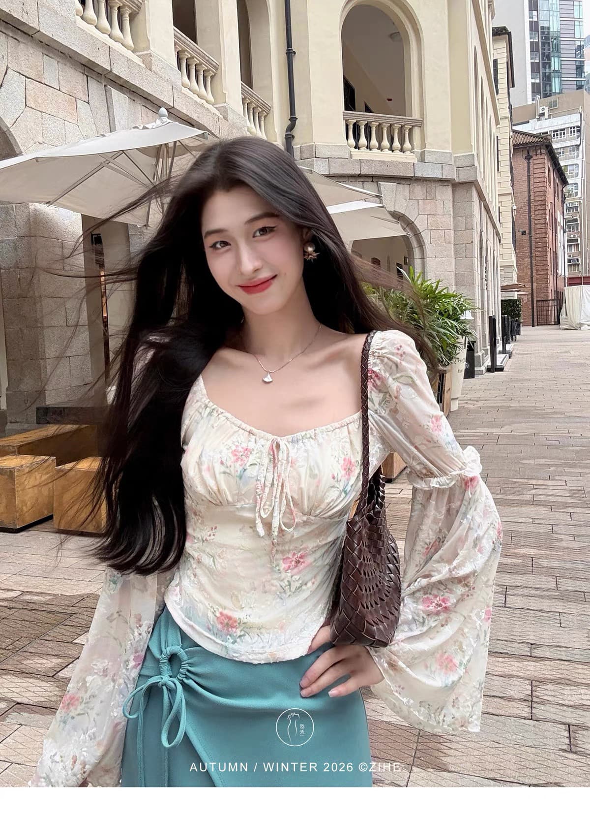 링 茜 거만한 와우 블루 팅 꿈 머리말 프랑스식 달콤함 식물 플러시 프린트 맨위 슬림해 보이는 하이웨이스트 반신 치마 세트 상세 이미지 1