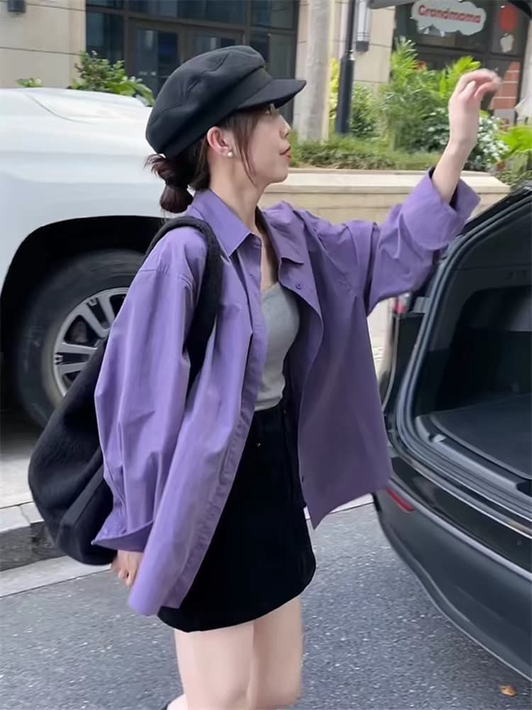 보라색 긴팔 셔츠 여성 코트 봄 가을 새로운 셔츠 2026 폭발 한 부서 고급 센스 루즈핏 캐주얼 맨위 상세 이미지 1