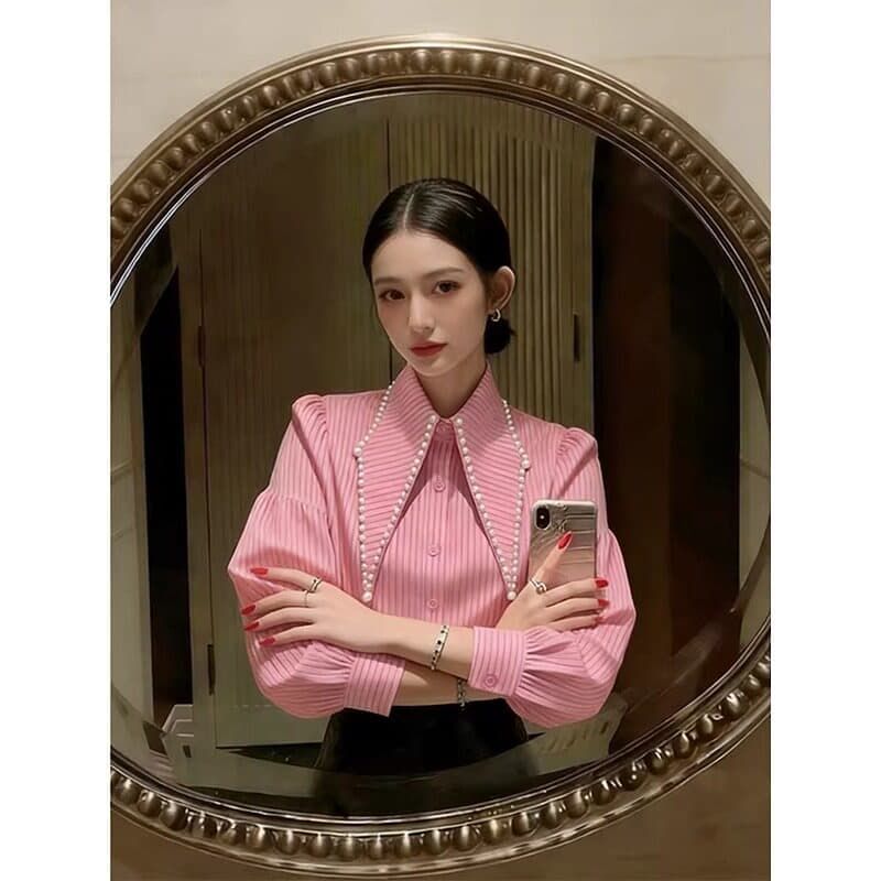 프랑스식 빛 럭셔리 핑크색 스트라이프 패치워크 폴로 칼라 여성 셔츠 디자인 센스 고유 한 아름다운 루즈핏 긴팔 맨위 이른 봄 이미지 3
