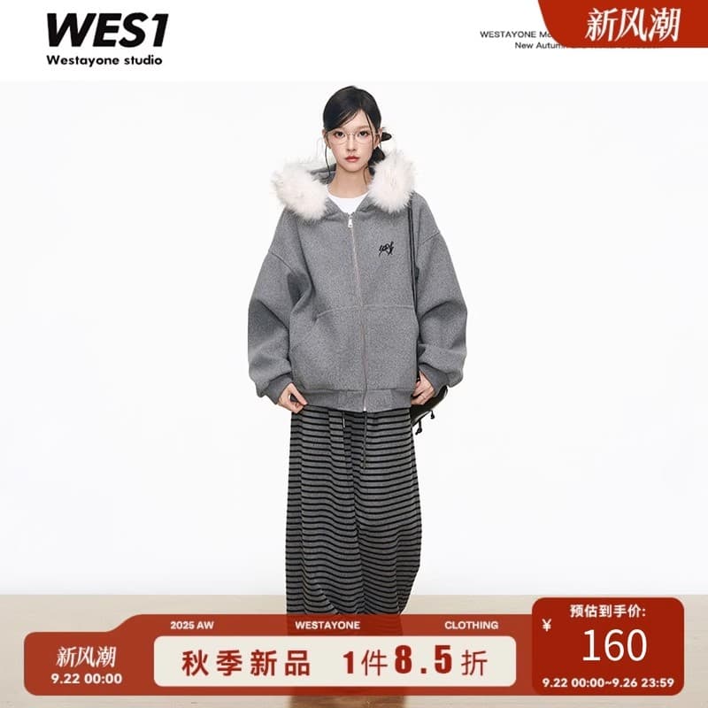 9.6 신제품 westayone 모피 칼라 모직 여성 코트 2026 가을 새로운 느긋한 센스 회색 스트라이프 바지 이미지 4