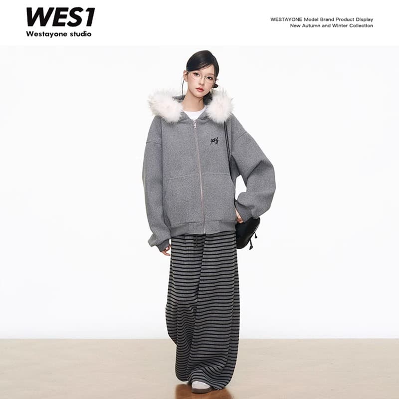 9.6 신제품 westayone 모피 칼라 모직 여성 코트 2026 가을 새로운 느긋한 센스 회색 스트라이프 바지 상세 이미지 2