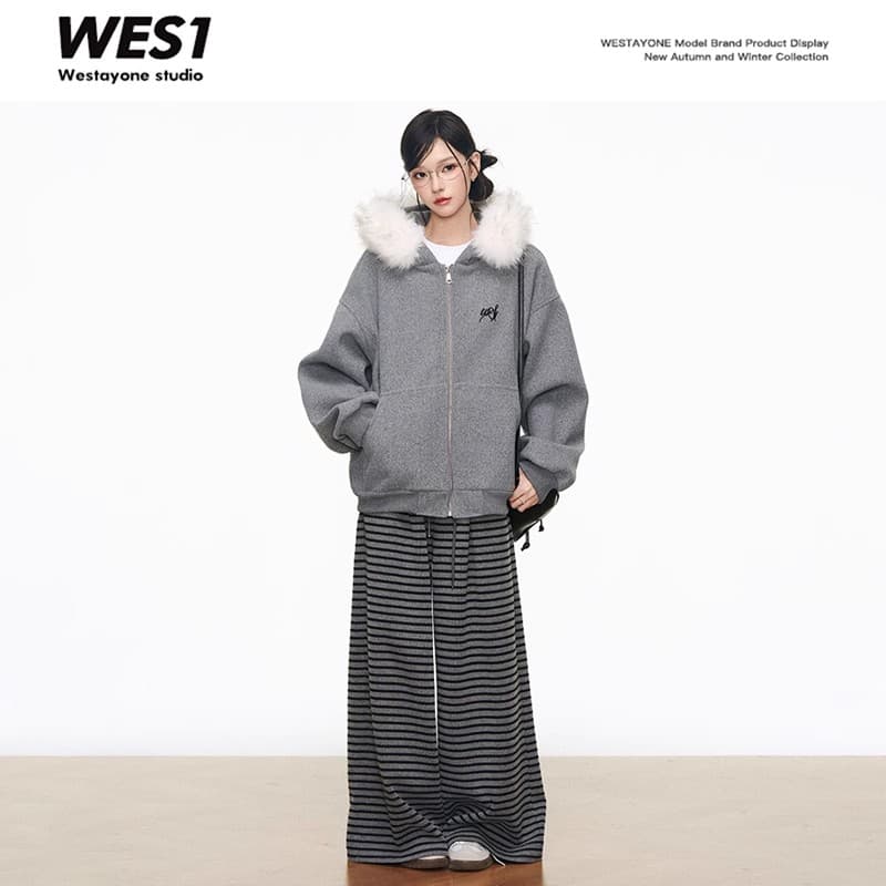 9.6 신제품 westayone 모피 칼라 모직 여성 코트 2026 가을 새로운 느긋한 센스 회색 스트라이프 바지 상세 이미지 3