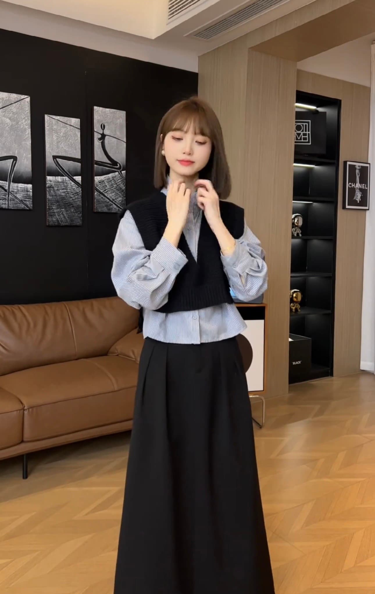 가을 루즈핏 슬림해 보이는 레트로 다용도 패션 외출용 니트 셔츠 세트 투피스 세트 이미지 3