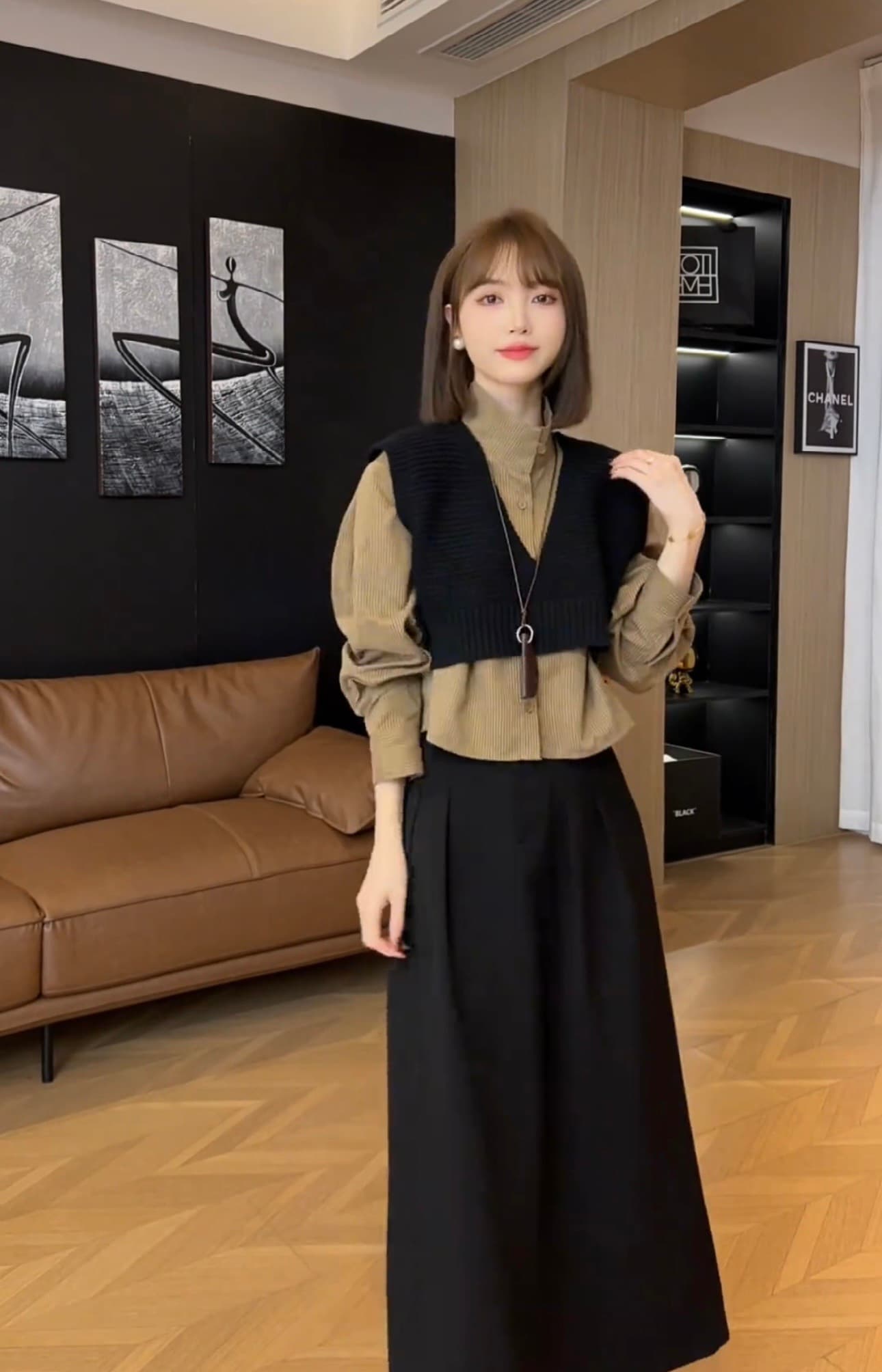 가을 루즈핏 슬림해 보이는 레트로 다용도 패션 외출용 니트 셔츠 세트 투피스 세트 이미지 4