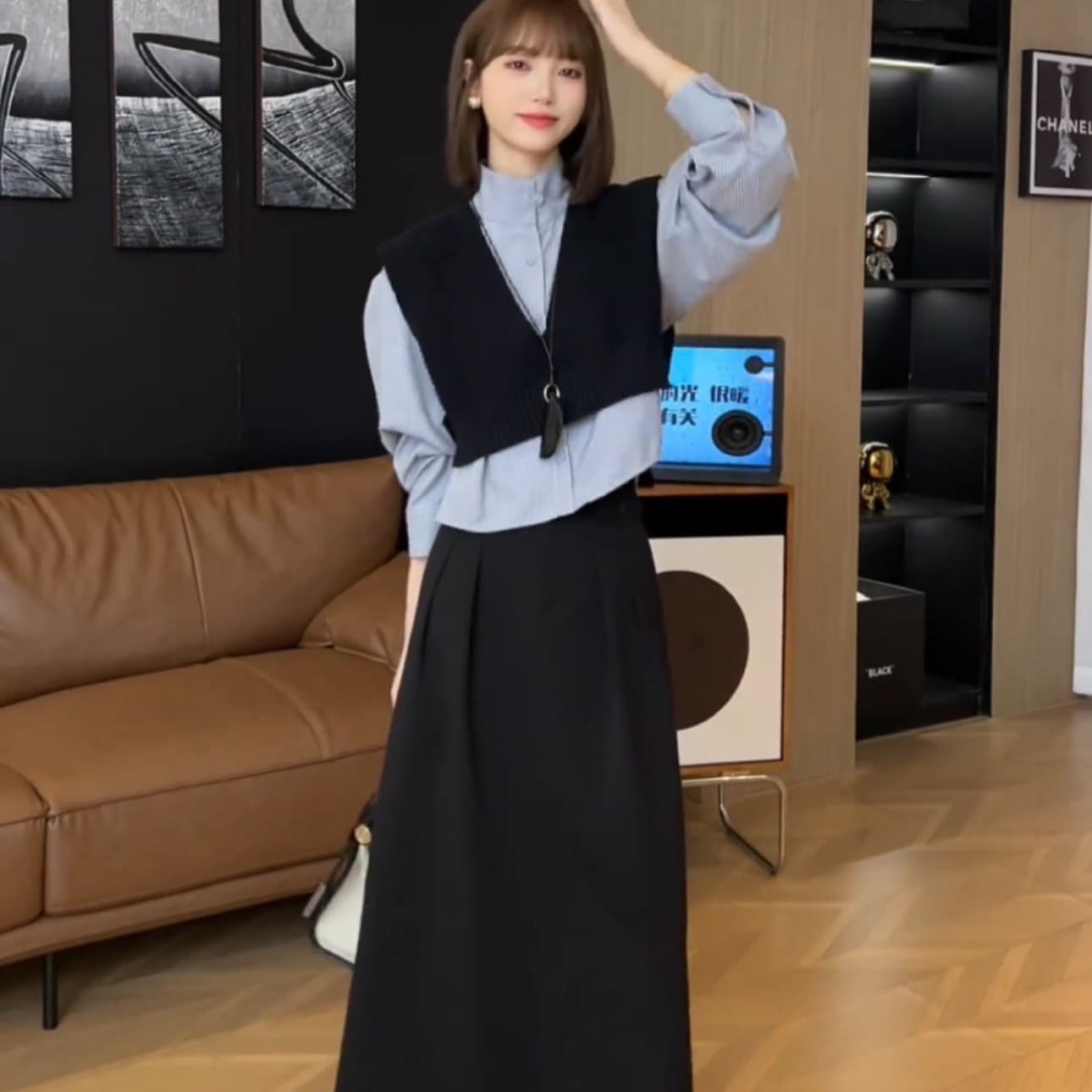 가을 루즈핏 슬림해 보이는 레트로 다용도 패션 외출용 니트 셔츠 세트 투피스 세트 이미지 5