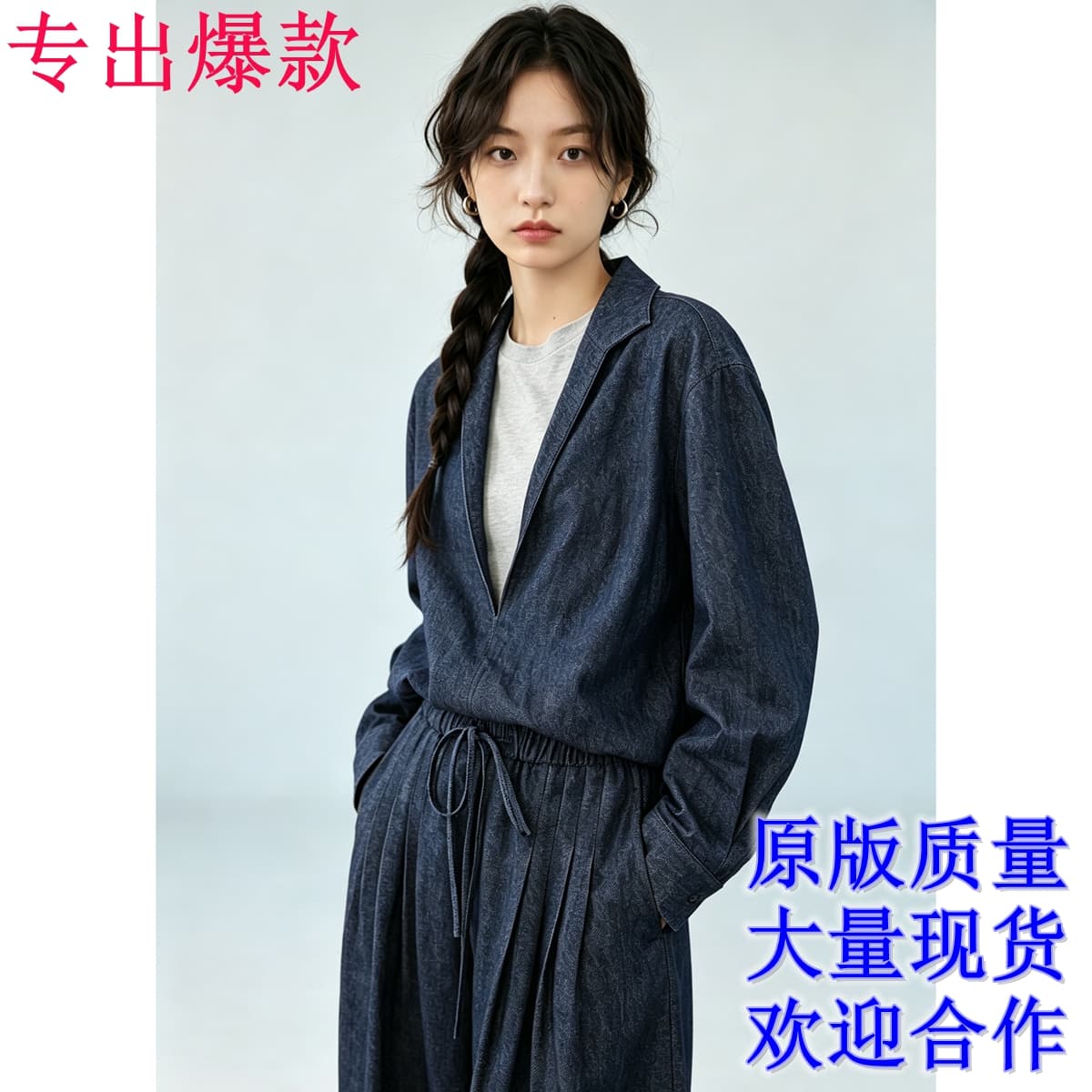 리넨 면화 데님 세트 페이크 레이어드 재킷 넓은 다리 길이 바지