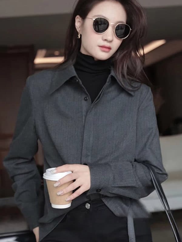 2026 가을 한 부서 품격 두꺼운 긴팔 여성 셔츠 루즈핏 레트로 모방 데님 고급 센스 회색 맨위 상세 이미지 2