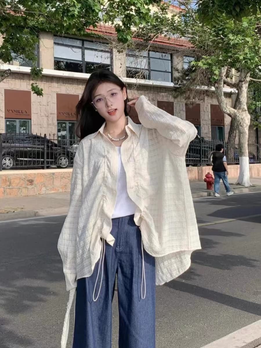 한 부서 질감 센스 주름 펌프 로프 긴팔 여성 셔츠 루즈핏 슬림해 보이는 오픈 가디건 셔츠 트렌디 이미지 3
