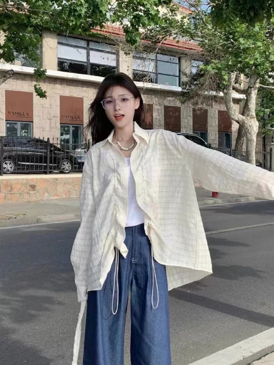 한 부서 질감 센스 주름 펌프 로프 긴팔 여성 셔츠 루즈핏 슬림해 보이는 오픈 가디건 셔츠 트렌디 이미지 4