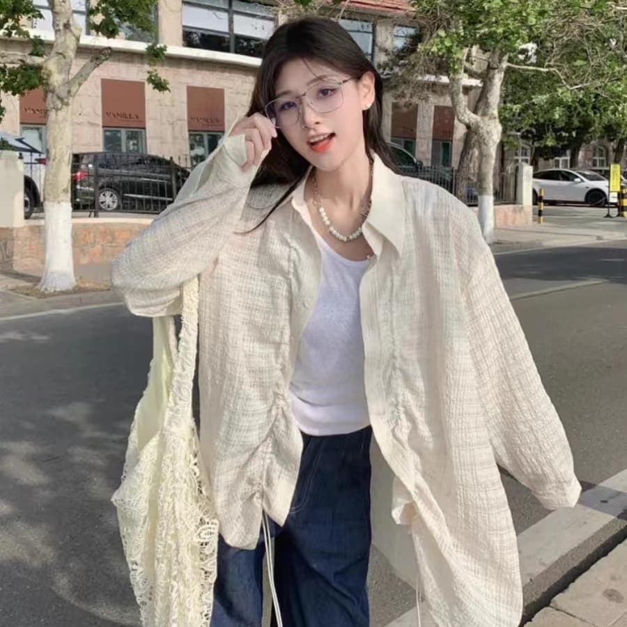 한 부서 질감 센스 주름 펌프 로프 긴팔 여성 셔츠 루즈핏 슬림해 보이는 오픈 가디건 셔츠 트렌디 이미지 5
