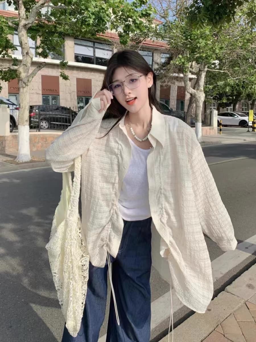 한 부서 질감 센스 주름 펌프 로프 긴팔 여성 셔츠 루즈핏 슬림해 보이는 오픈 가디건 셔츠 트렌디 상세 이미지 1