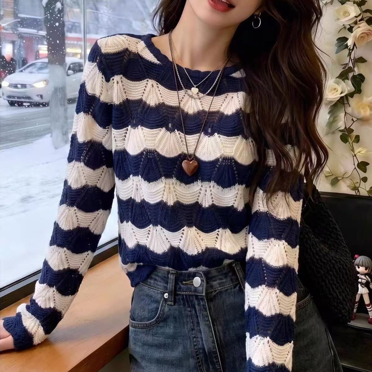 배색 가리비 스트라이프 홀로우 아웃 얇은 니트 스웨터 여성 봄 가을 빅 사이즈 지방 mm 부드러운 바람 다용도 슬림해 보이는 긴팔 작은 셔츠 이미지 5