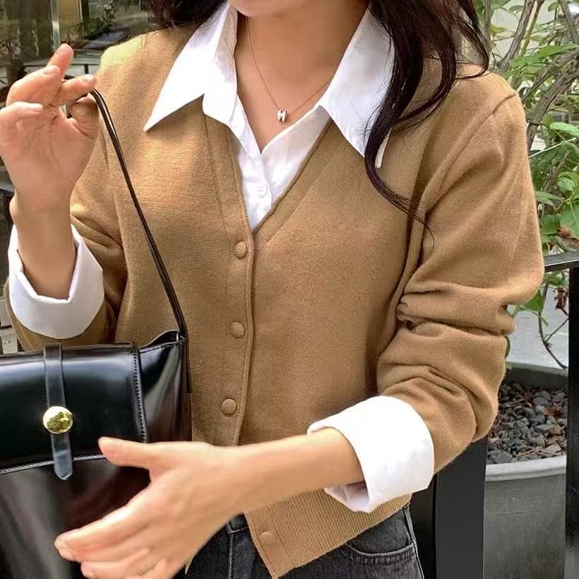 가을 새로운 한국 구매 정통 여성 의류 패션 셔츠 폴로 칼라 가짜 2 피스 슈트 긴팔 싱글 줄 버튼 니트 스웨터 이미지 4