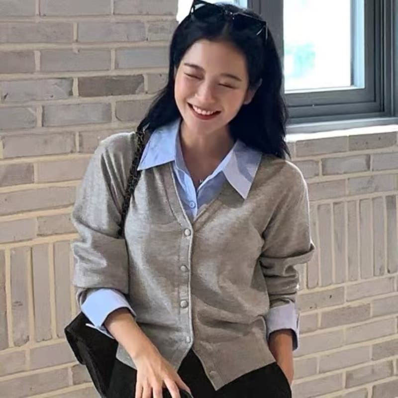 가을 새로운 한국 구매 정통 여성 의류 패션 셔츠 폴로 칼라 가짜 2 피스 슈트 긴팔 싱글 줄 버튼 니트 스웨터 이미지 5
