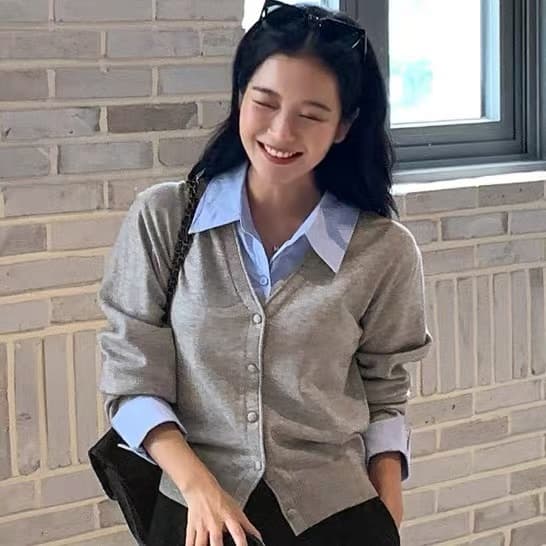가을 새로운 한국 구매 정통 여성 의류 패션 셔츠 폴로 칼라 가짜 2 피스 슈트 긴팔 싱글 줄 버튼 니트 스웨터 상세 이미지 2