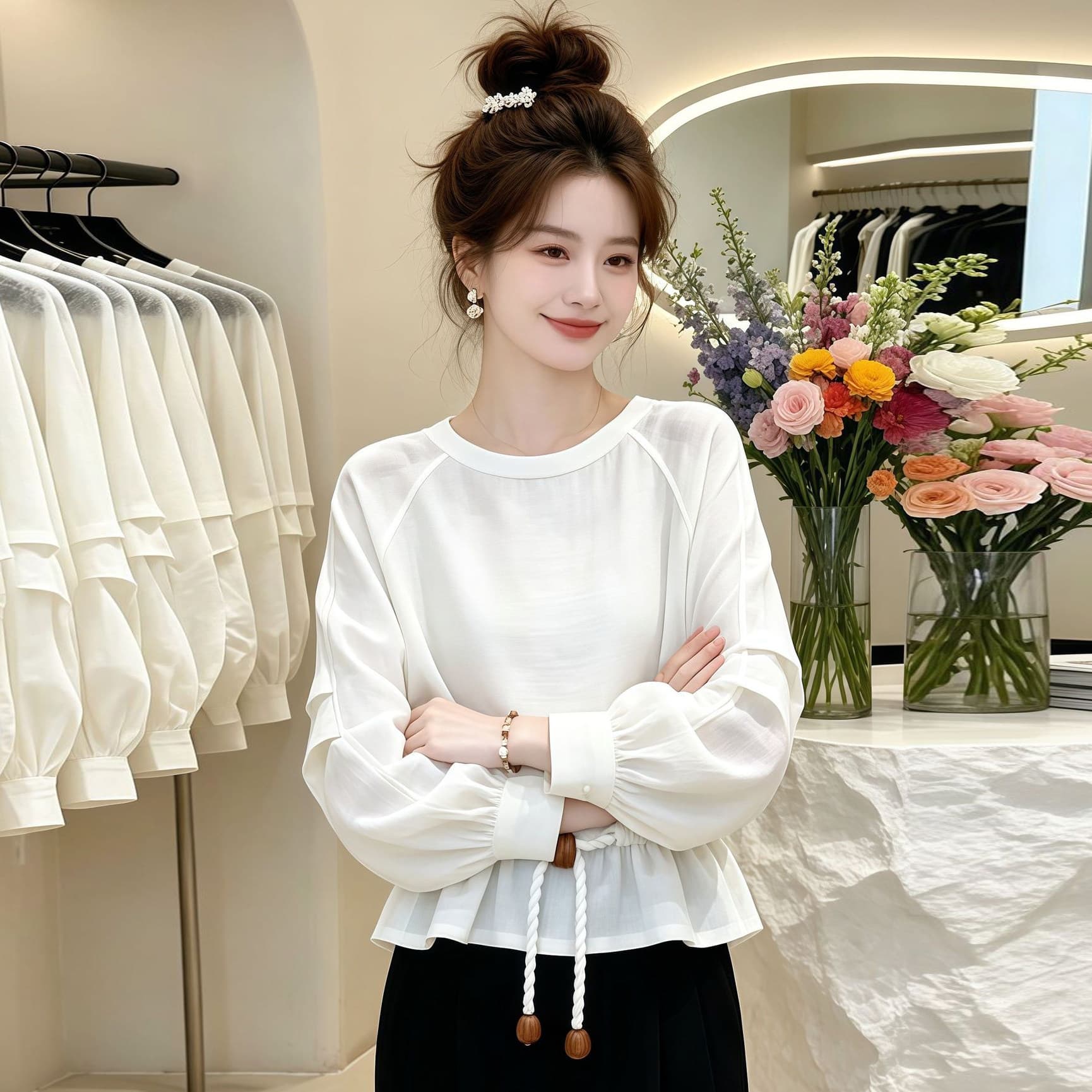 패션 라운드 넥 긴팔 티셔츠 여성 2026 가을 새로운 외국 가스 루즈핏 펌프 로프 허리 수축 슬림해 보이는 디자인 센스 맨위 이미지 4