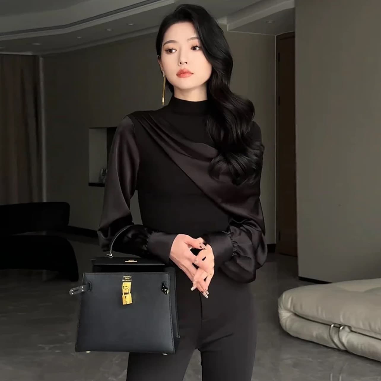 디자인 센스 빛 럭셔리 패션 패치워크 긴팔 여성 셔츠 새로운 품격 다용도 만나는 맨위 몸매 가꾸기 슬림해 보이는 이미지 2