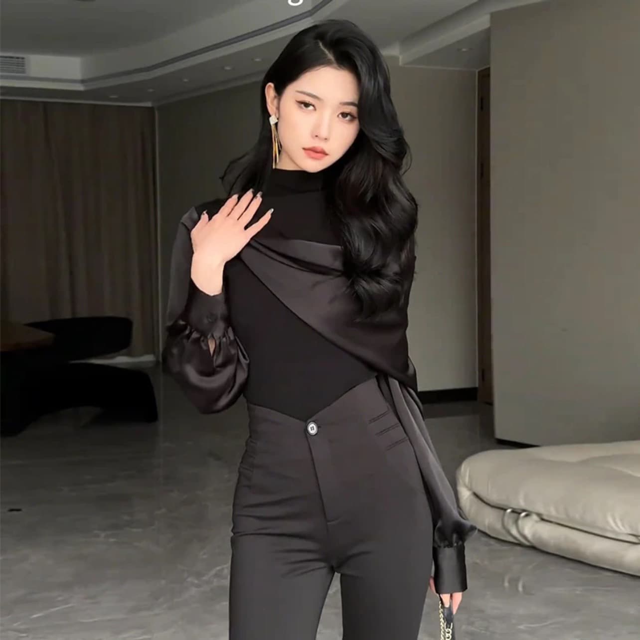 디자인 센스 빛 럭셔리 패션 패치워크 긴팔 여성 셔츠 새로운 품격 다용도 만나는 맨위 몸매 가꾸기 슬림해 보이는 상세 이미지 3