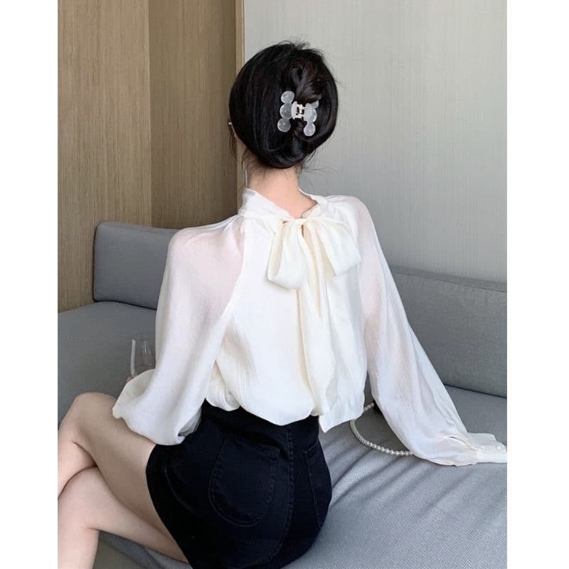 2026 봄 가을 새로운 고급 센스 우아함 품격 나비 매듭 스트랩 여성 셔츠 디자인 센스 Chic 루즈핏 셔츠 이미지 5