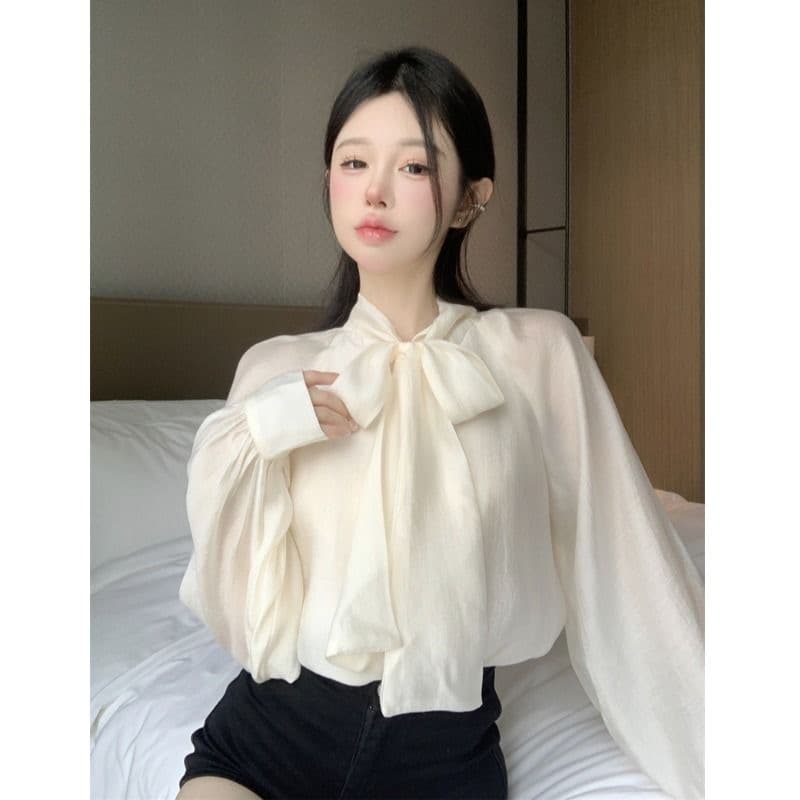 2026 봄 가을 새로운 고급 센스 우아함 품격 나비 매듭 스트랩 여성 셔츠 디자인 센스 Chic 루즈핏 셔츠 상세 이미지 1