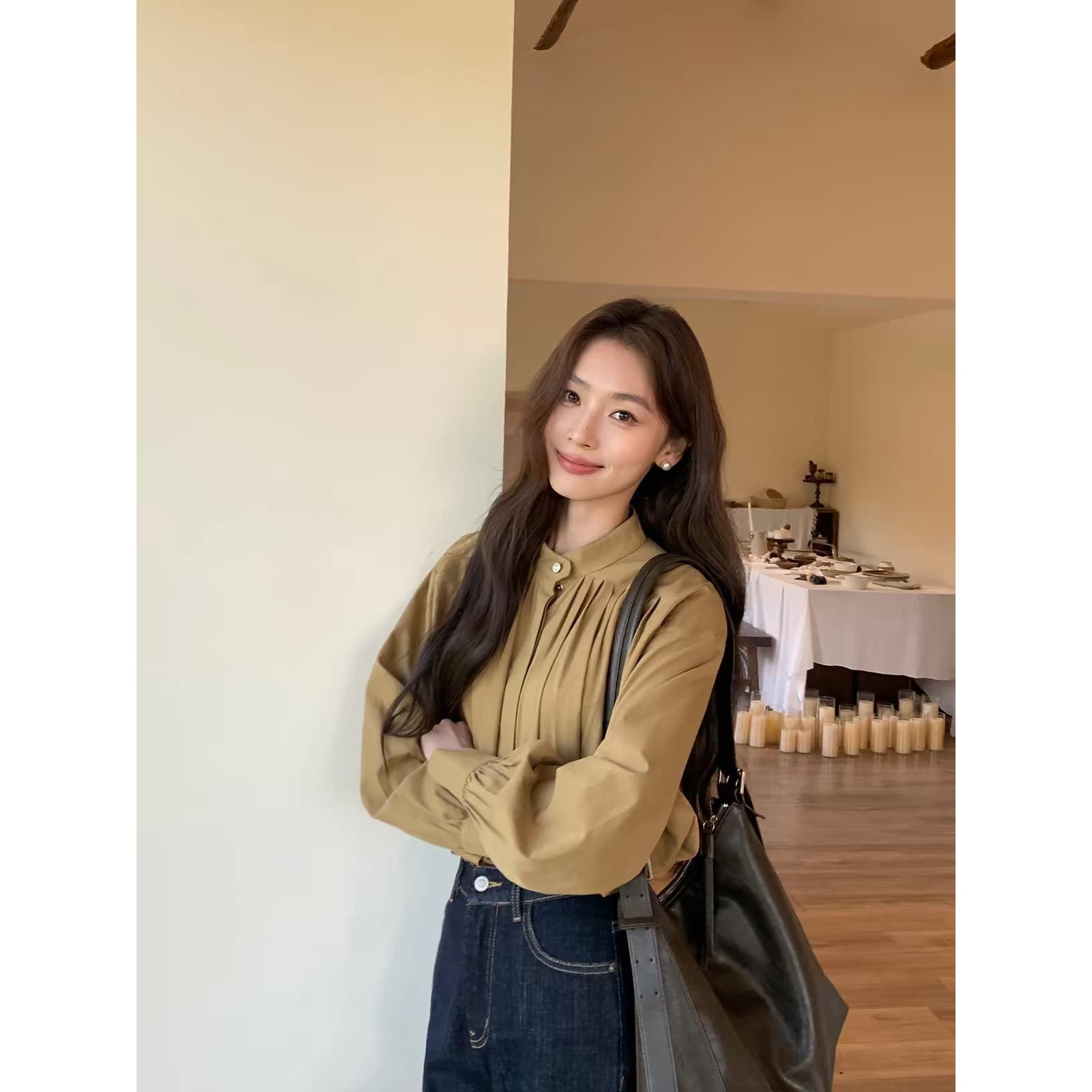 스탠드 칼라 여성 셔츠 높음 지혜 센스 출퇴근 루즈핏 긴팔 셔츠 이미지 2