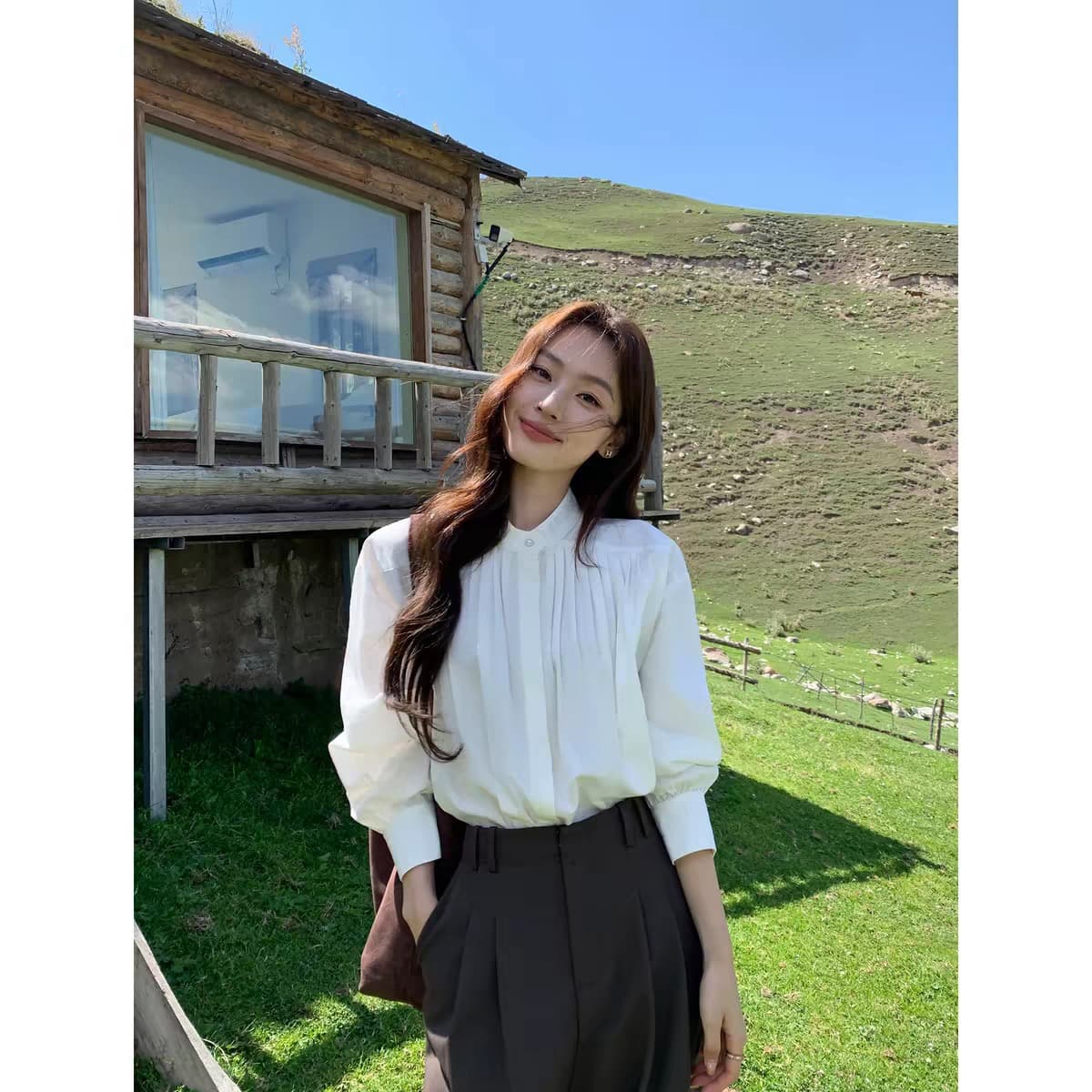 스탠드 칼라 여성 셔츠 높음 지혜 센스 출퇴근 루즈핏 긴팔 셔츠 상세 이미지 2