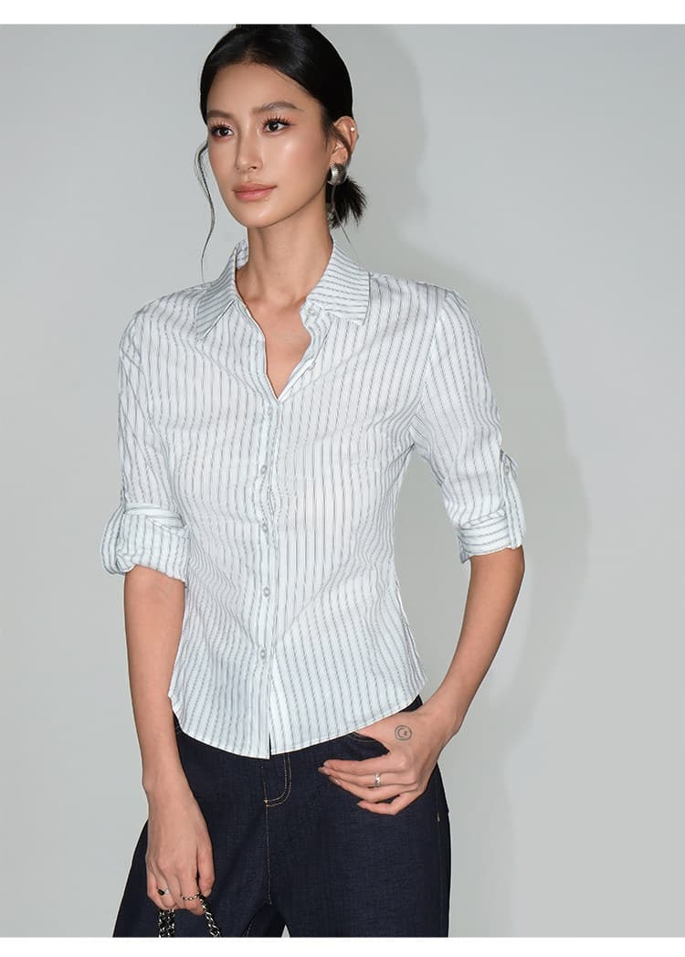 2026 가을 새로운 한국 스타일 ol 출퇴근 스트라이프 여성 셔츠 높음 지혜 센스 순면 긴팔 셔츠 품격 몸매 가꾸기 맨위 이미지 4