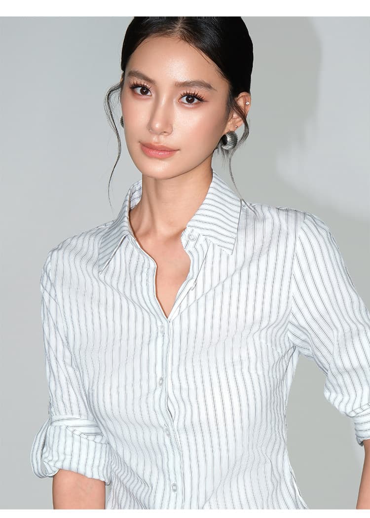 2026 가을 새로운 한국 스타일 ol 출퇴근 스트라이프 여성 셔츠 높음 지혜 센스 순면 긴팔 셔츠 품격 몸매 가꾸기 맨위 상세 이미지 4