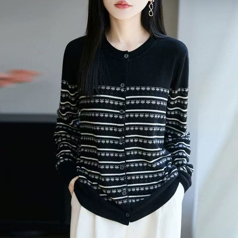 이른 가을 스트라이프 니트 오픈 가디건 여성 코트 2026 새로운 봄 가을 외부 가져 가라. 외국 가스 빅 사이즈 여성 의류 맨위 이미지 2