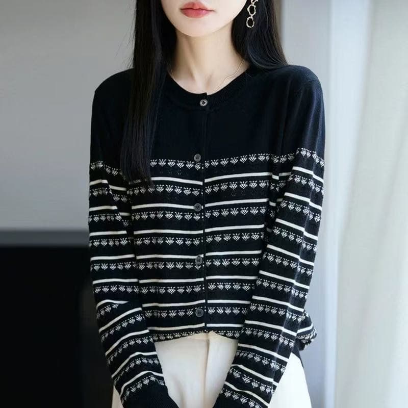 이른 가을 스트라이프 니트 오픈 가디건 여성 코트 2026 새로운 봄 가을 외부 가져 가라. 외국 가스 빅 사이즈 여성 의류 맨위 이미지 5