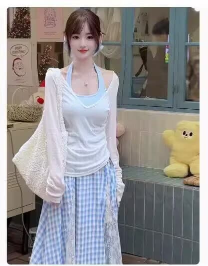 이른 가을 도파민 착용 가져 가라. 전체 집합 여름 여성 의류 화이트 자외선 차단 블라우스 캐미솔 체크 스커트 3종 세트 이미지 2