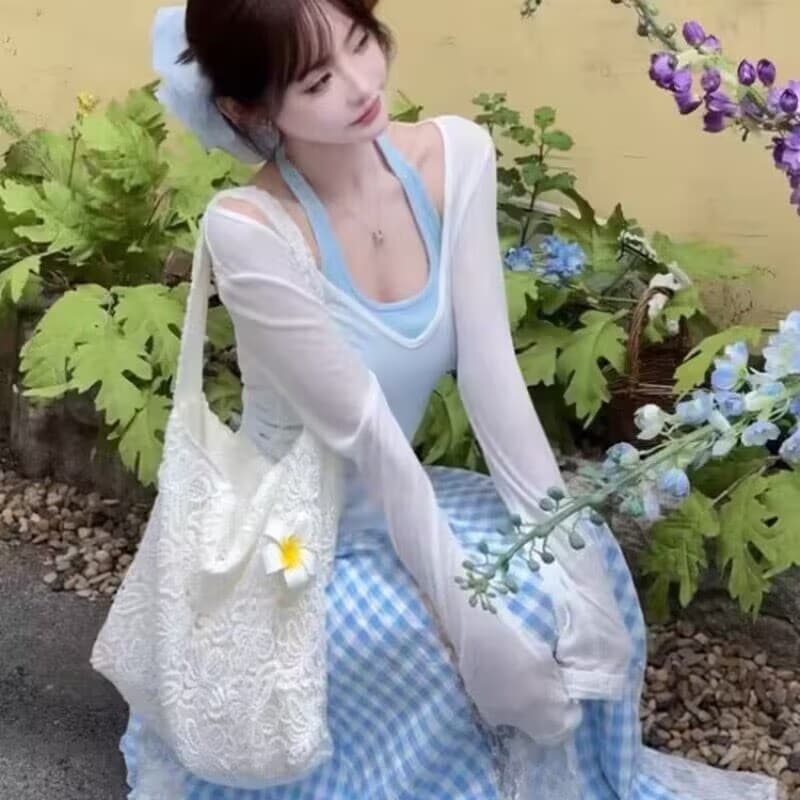 이른 가을 도파민 착용 가져 가라. 전체 집합 여름 여성 의류 화이트 자외선 차단 블라우스 캐미솔 체크 스커트 3종 세트 이미지 4
