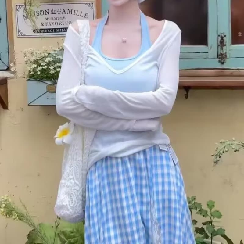 이른 가을 도파민 착용 가져 가라. 전체 집합 여름 여성 의류 화이트 자외선 차단 블라우스 캐미솔 체크 스커트 3종 세트 이미지 5