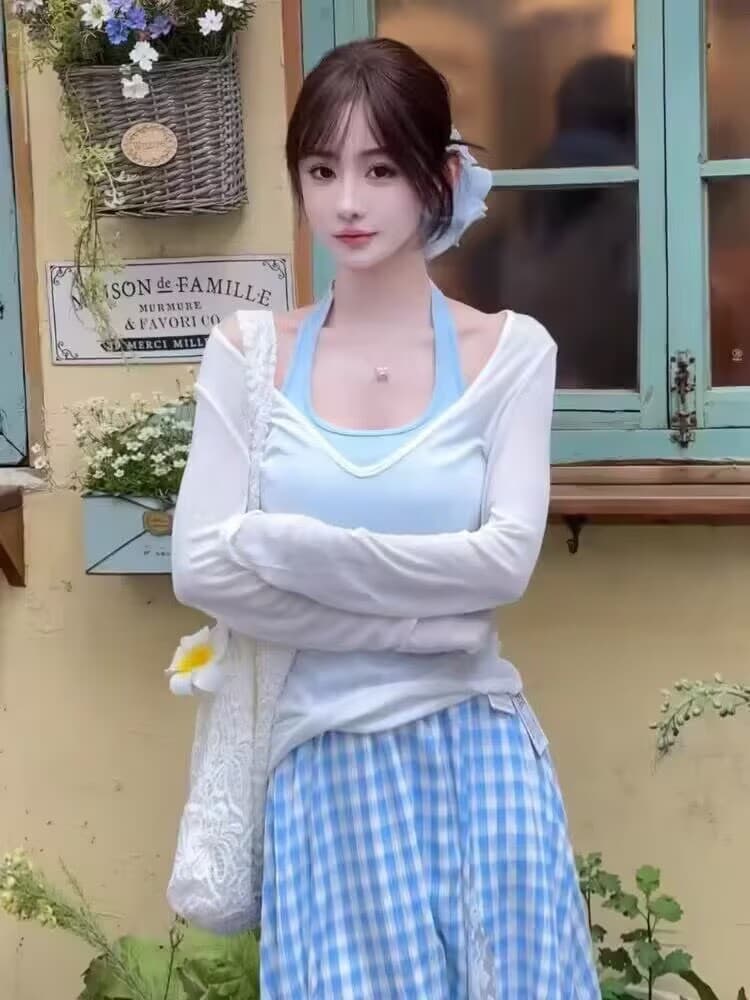 이른 가을 도파민 착용 가져 가라. 전체 집합 여름 여성 의류 화이트 자외선 차단 블라우스 캐미솔 체크 스커트 3종 세트 상세 이미지 2