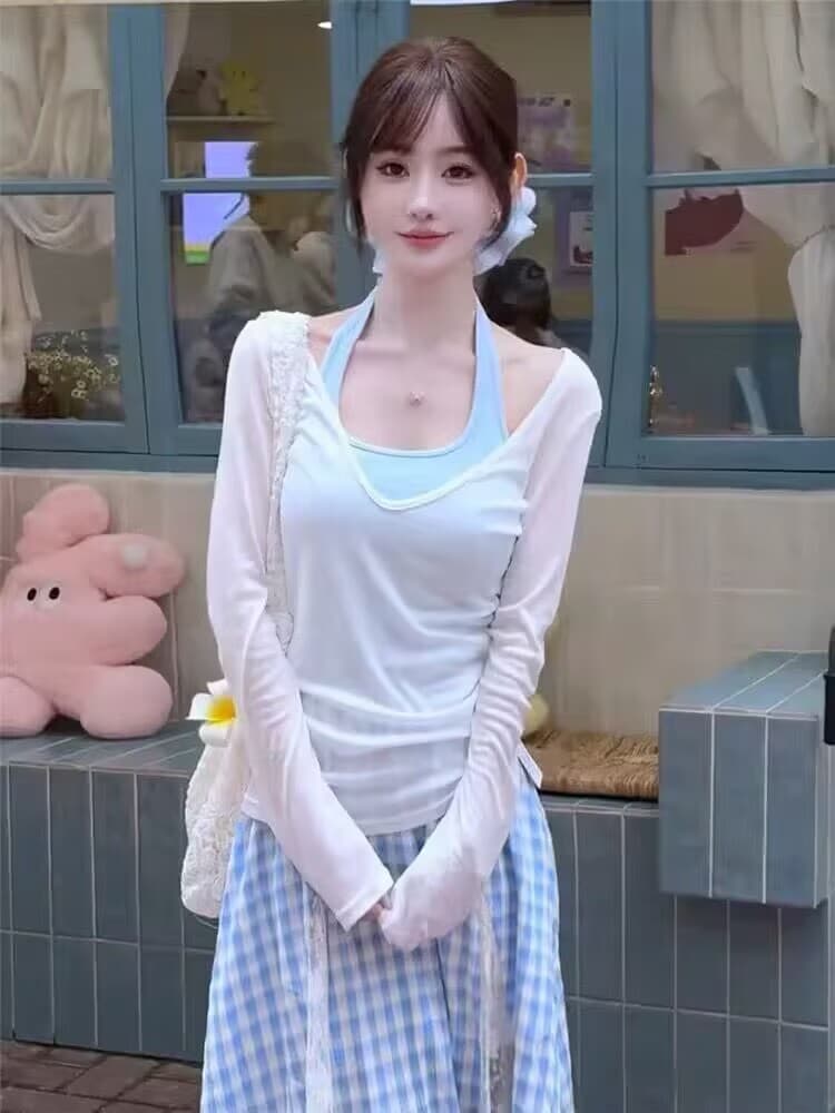 이른 가을 도파민 착용 가져 가라. 전체 집합 여름 여성 의류 화이트 자외선 차단 블라우스 캐미솔 체크 스커트 3종 세트 상세 이미지 3