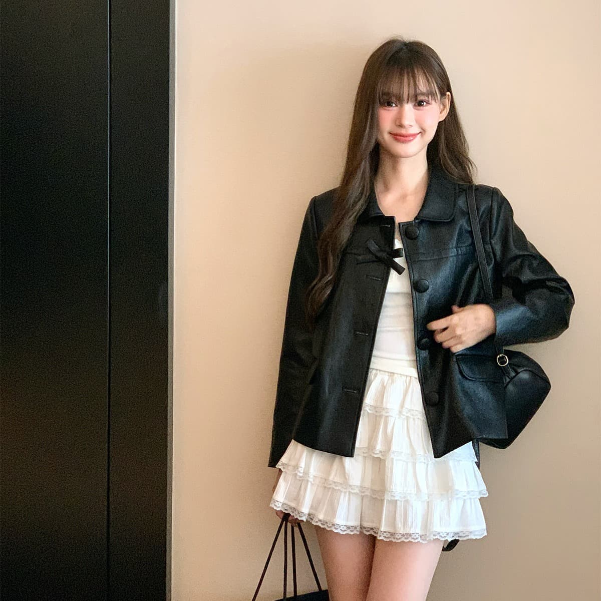 양 작은 볼륨 miu 부서 천 골드 센스 나비 매듭 베이비 칼라 검정색 가죽 재킷 여성 짧은 재킷 환경 보호 pu 가죽 상단 이미지 4