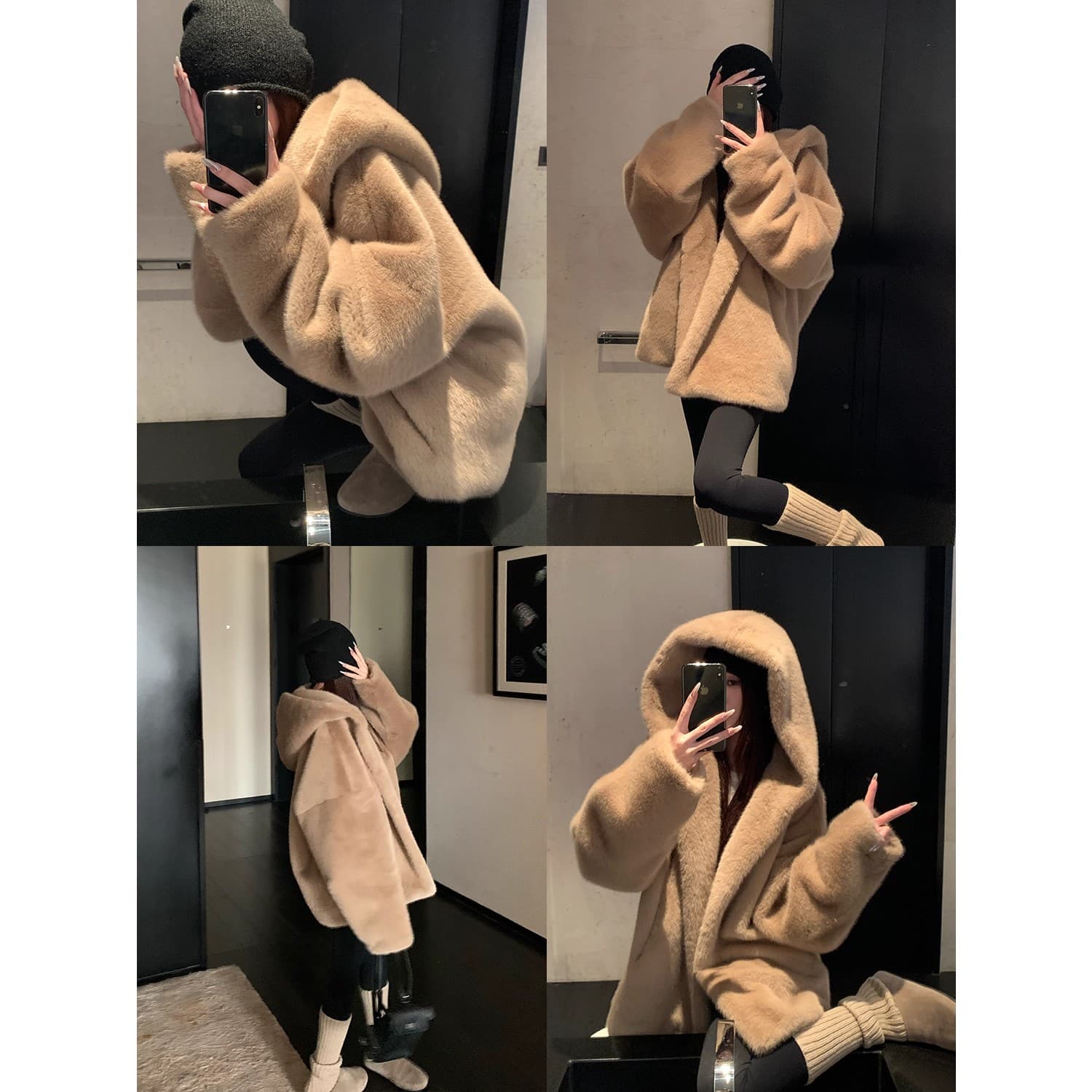 skk store 크림 스위스 볼륨 독립적 인 홈 세트 염색 사쿠라 꽃가루 환경 보호 밀라노 fall 모피 후드 여성 코트 이미지 4