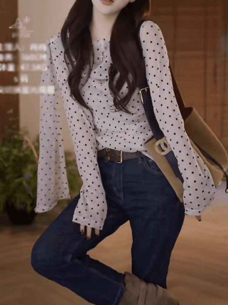 프랑스식 품격 비스듬한 칼라 도트 무늬 리본 긴팔 여성 셔츠 가을 새로운 고유 한 디자인 센스 슬림해 보이는 작은 셔츠 맨위 이미지 3