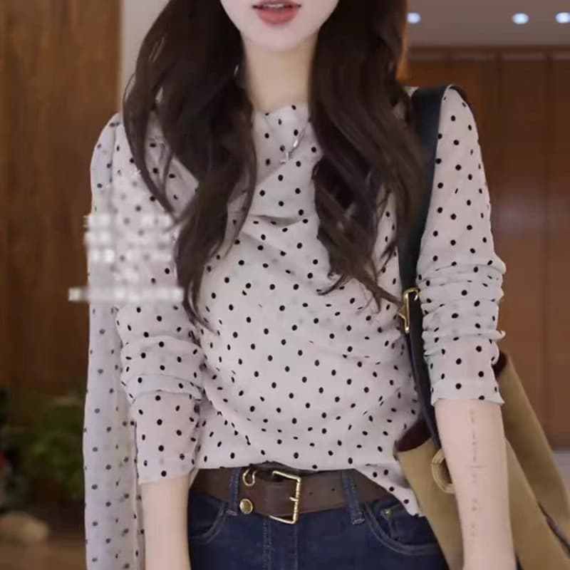 프랑스식 품격 비스듬한 칼라 도트 무늬 리본 긴팔 여성 셔츠 가을 새로운 고유 한 디자인 센스 슬림해 보이는 작은 셔츠 맨위 이미지 5